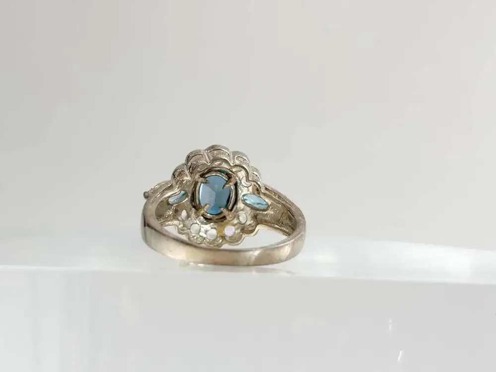 Clear & Blue Topaz Scalloped Multi Gemstone Sterling Silver 925 Vintage Ring - s